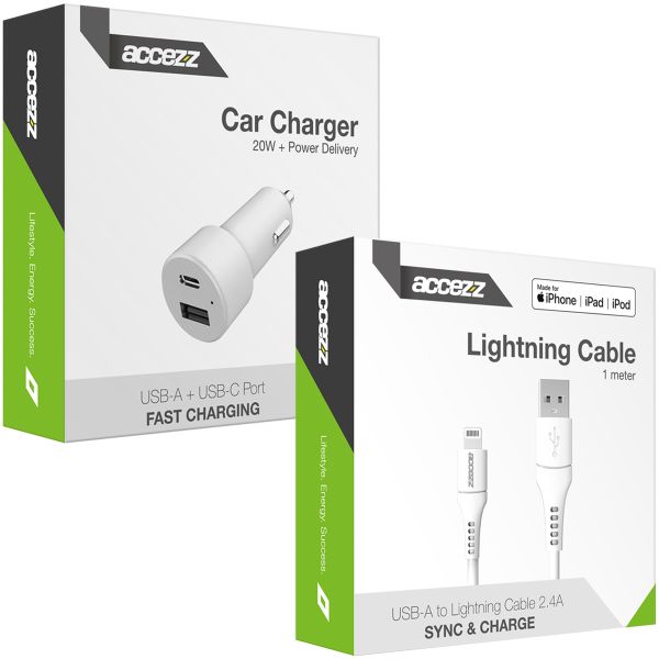 Accezz Car Charger met Lightning naar USB kabel - Autolader - MFi certificering - 20 Watt - 1 meter - Wit / Weiß / White