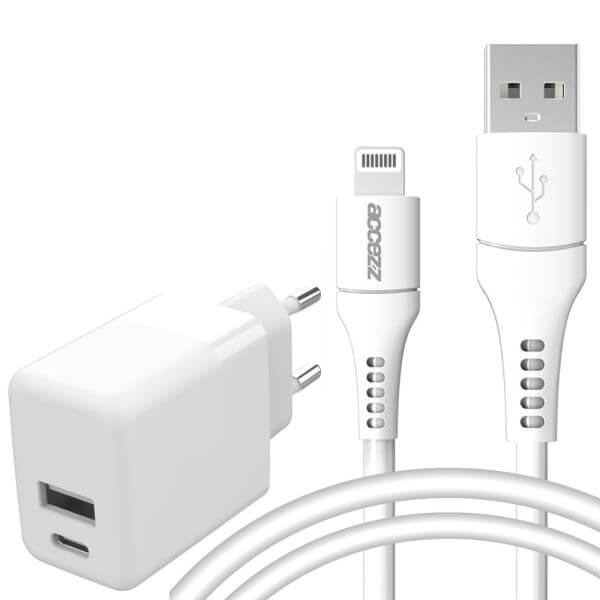 Accezz Wall Charger met Lightning naar USB-A kabel - Oplader - MFi certificering - 20 Watt - 1 meter - Wit / Weiß / White