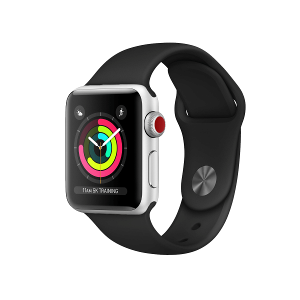 Refurbished Apple Watch Series 3 Boîtier en aluminium de 38 mm Argent avec bracelet sport noir