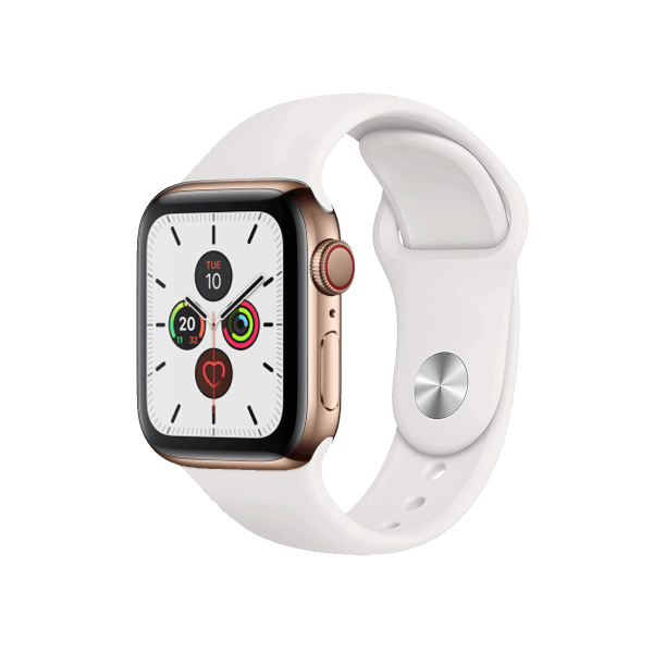 Refurbished Apple Watch Serie 5 | 40mm | Stainless Or | Bracelet de Sport Blanc | GPS | WiFi + 4G