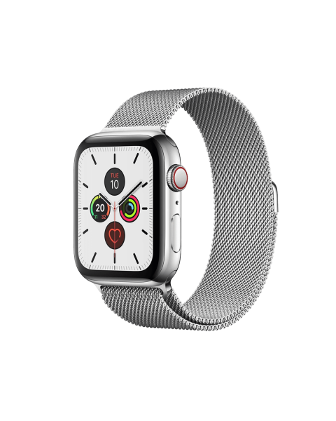 Refurbished Apple Watch Series 5 | 44mm | Stainless Steel Case Zilver | Zilver Milanees bandje | GPS | WiFi + 4G
