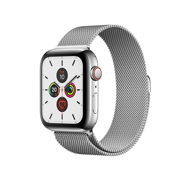 Apple Watch Series 5 | 44mm | Stainless Steel Argent | Bracelet Milanias Argent | GPS | WiFi + 4G