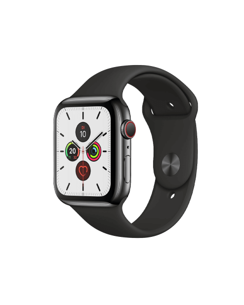 Refurbished Apple Watch Series 5 | 44mm | Stainless Steel Case Zwart | Zwart sportbandje | GPS | WiFi + 4G