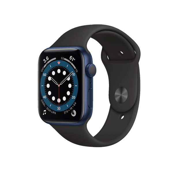 Refurbished Apple Watch Serie 6 | 44 mm | Aluminium Bleu | Bracelet Sport Noir | GPS | WiFi + 4G