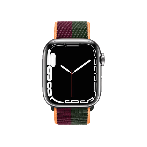 Refurbished Apple Watch Serie 7 | 45mm | Stainless Steel Argent | Bracelet Sport Cerise Fonc&eacute;/Vert For&ecirc;t | GPS | WiFi + 4G