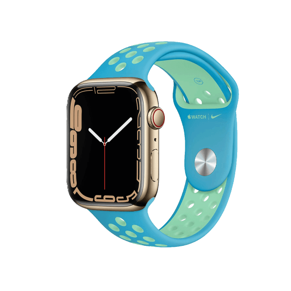 Refurbished Apple Watch Serie 7 | 45mm | Titanium Or | Bracelet Sport Chlore Bleu/Vert Glow Nike | GPS | WiFi + 4G
