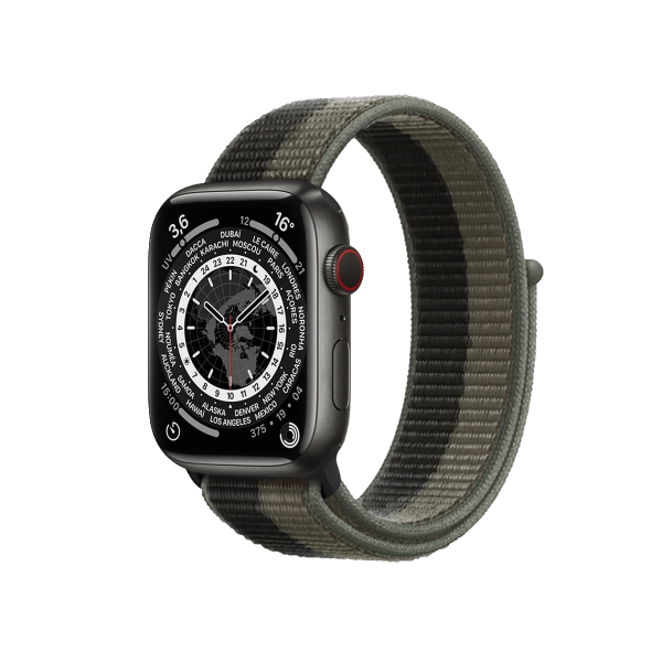 Refurbished Apple Watch Serie 7 | 45mm | Titane Noir Sid&eacute;ral | Bracelet Sport Tornado/Gris | GPS | WiFi + 4G