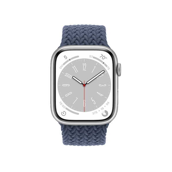 Refurbished Apple Watch Serie 8 | 45mm | Aluminium Argent | Bracelet Boucle Unique Tressée Storm Bleu | GPS | WiFi