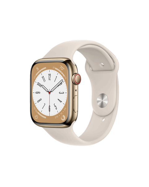 Refurbished Apple Watch Serie 8 | 45mm | Stainless Steel Or | Bracelet Sport Starlight Blanc | GPS | WiFi + 4G