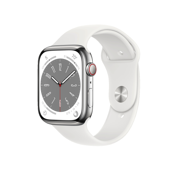 Refurbished Apple Watch Serie 8 | 45mm | Stainless Steel Argent | Bracelet Sport Blanc | GPS | WiFi + 4G