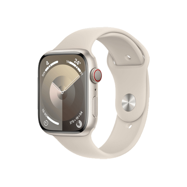 Refurbished Apple Watch Serie 9 | 45mm | Aluminium Lumi&egrave;re stellaire | Bracelet Sport Lumi&egrave;re stellaire M/L | GPS | WiFi + 4G